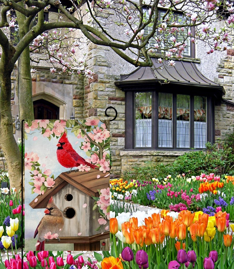 BLKWHT Spring Cardinal Bird Garden Flag 12x18 Vertical Double Sided Pink Flowers Tree Summer Farmhouse Holiday Outside Decorations Burlap Yard Flag BW792 - Image 3